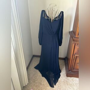 Dessy Collection Vivian Diamond Navy Maxi Dress Off Shoulder Puff Sleeve 14